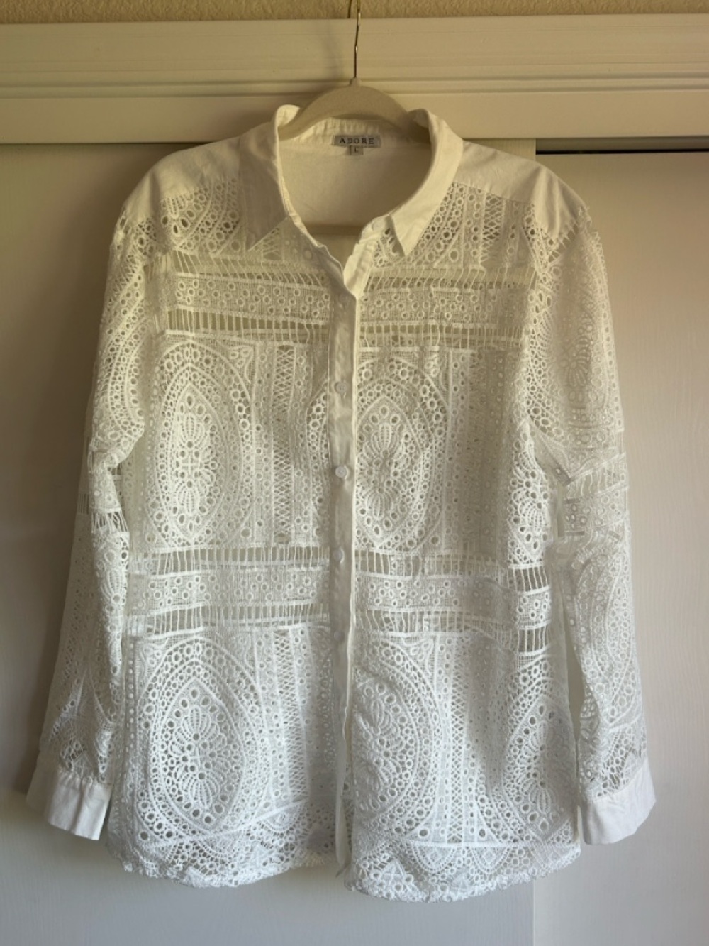Oversized Boho White Lace Eyelet Button-Front Blouse Top